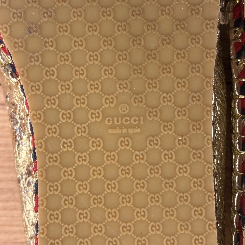 GUCCI Crinkled Leather Web Pilar Bee Espadrille Flat Gold Women Size 40 Slip On - Picture 13 of 14